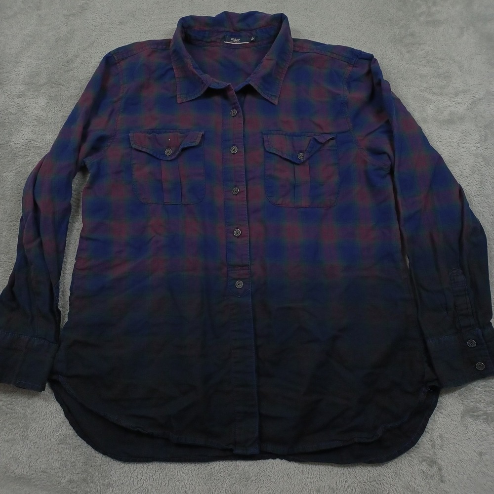 Silver Jeans Top Womens Large Blue Plaid Button Up Pockets Casual